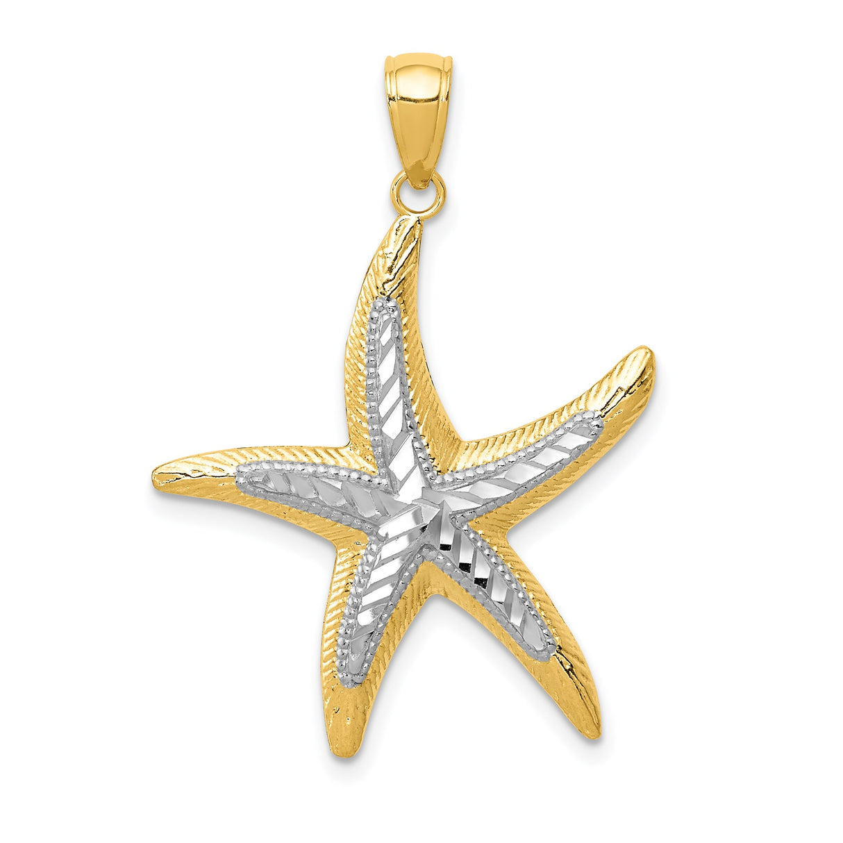 14k Yellow Gold and Rhodium Starfish Pendant, Two-Tone Nautical Marine Life Charm for Women
