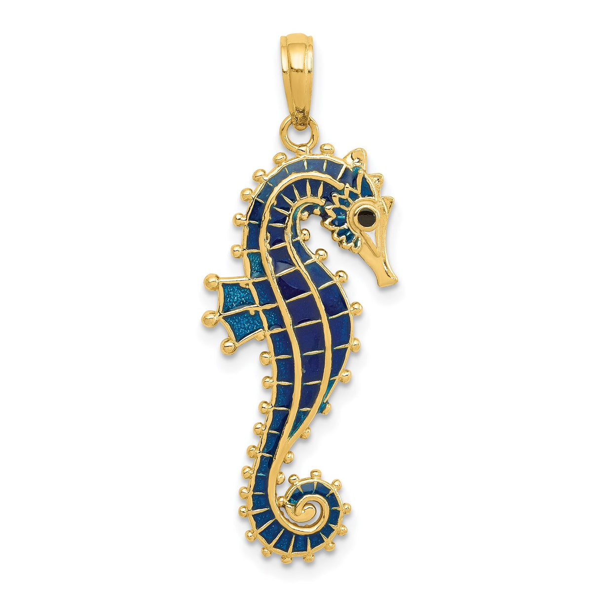 14k Yellow Gold Seahorse Pendant with Blue Enamel, Nautical Ocean Theme Jewelry for Women