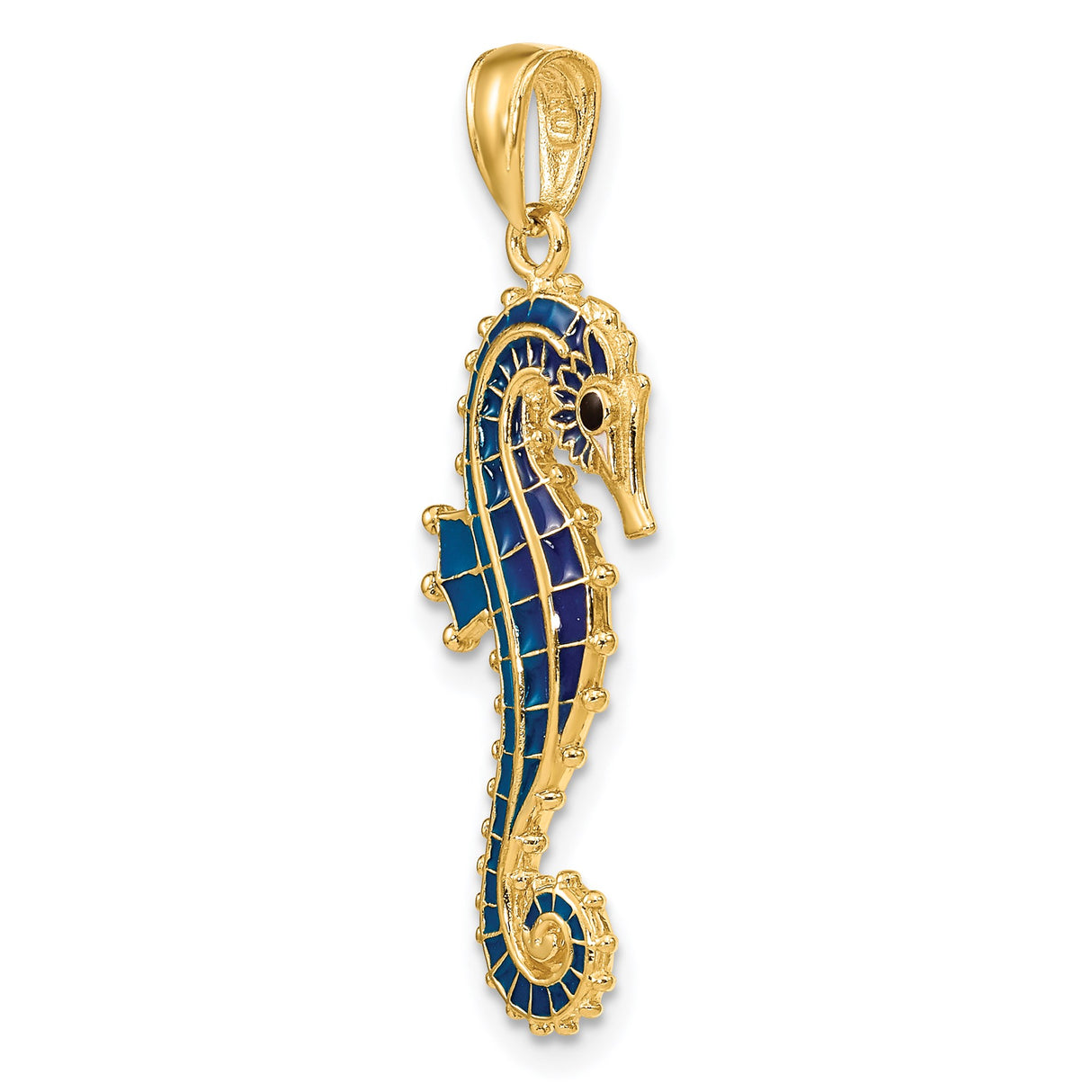 14k Yellow Gold Seahorse Pendant with Blue Enamel, Nautical Ocean Theme Jewelry for Women