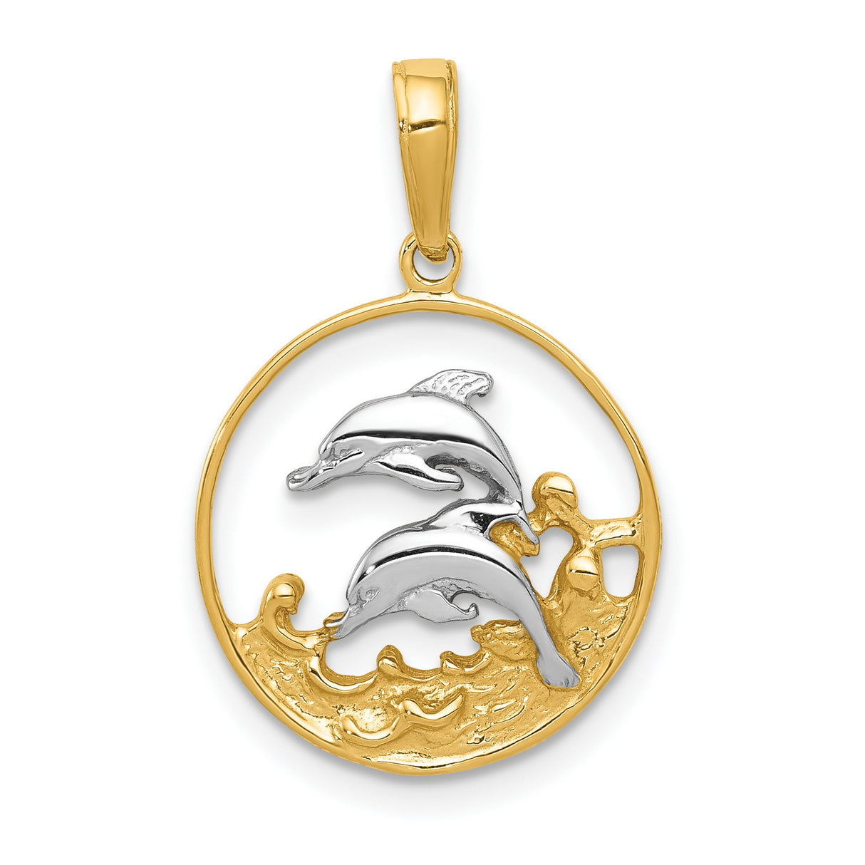 14k Multi-Tone Gold Dolphin Pendant with Rhodium Accent, Ocean Wave Design