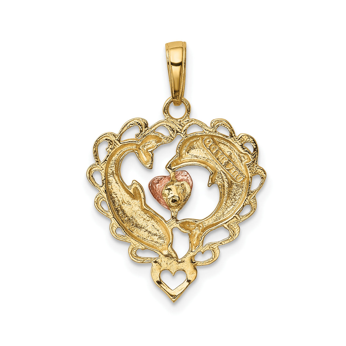 14k Multi-Tone Gold Dolphin Heart Pendant with Rose Gold Center and Filigree Frame