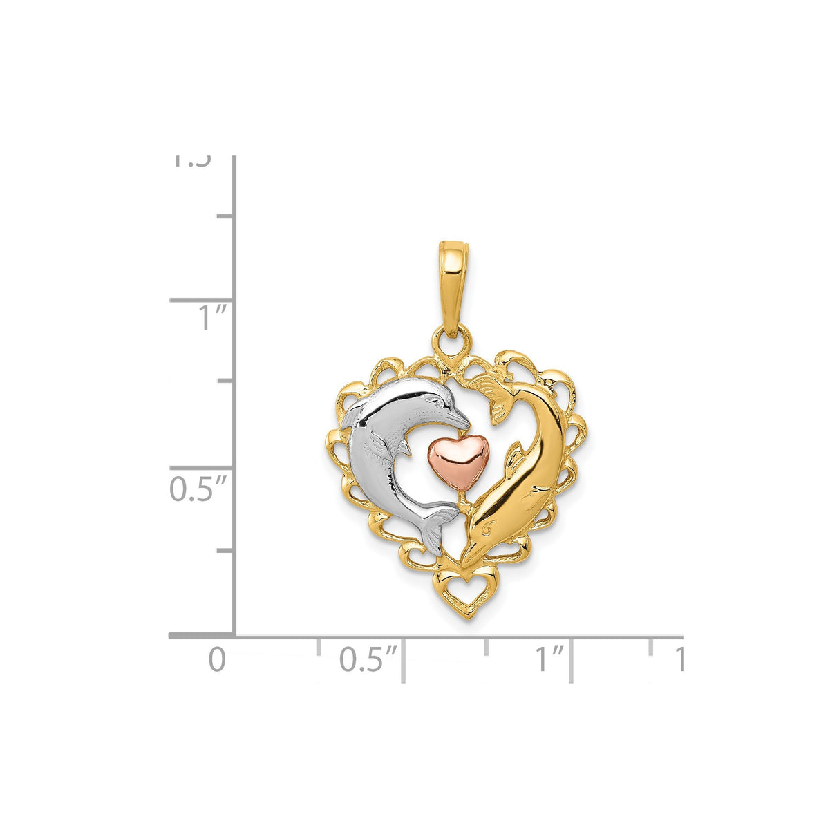 14k Multi-Tone Gold Dolphin Heart Pendant with Rose Gold Center and Filigree Frame
