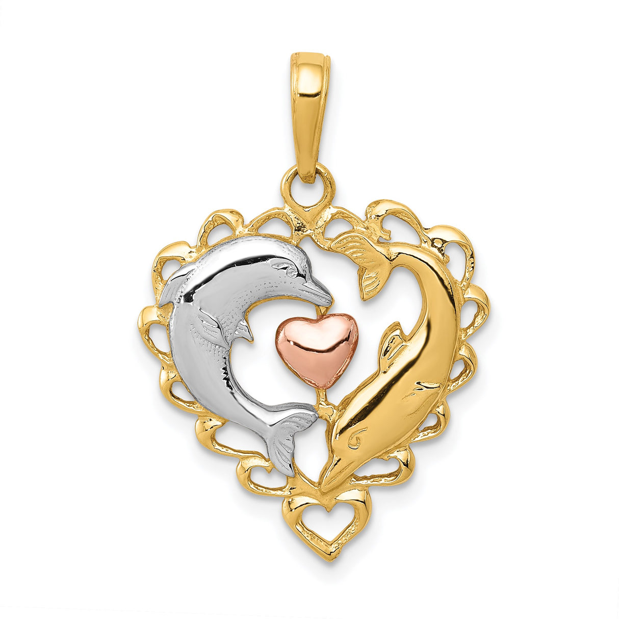 14k Multi-Tone Gold Dolphin Heart Pendant with Rose Gold Center and Filigree Frame