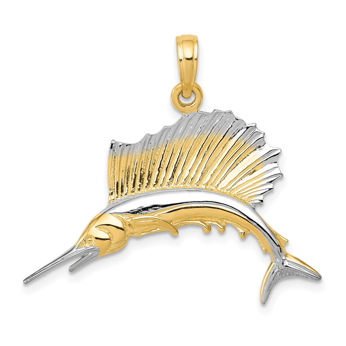 14k Two-Tone Gold Sailfish Pendant with Rhodium Accents, Nautical Marlin Design