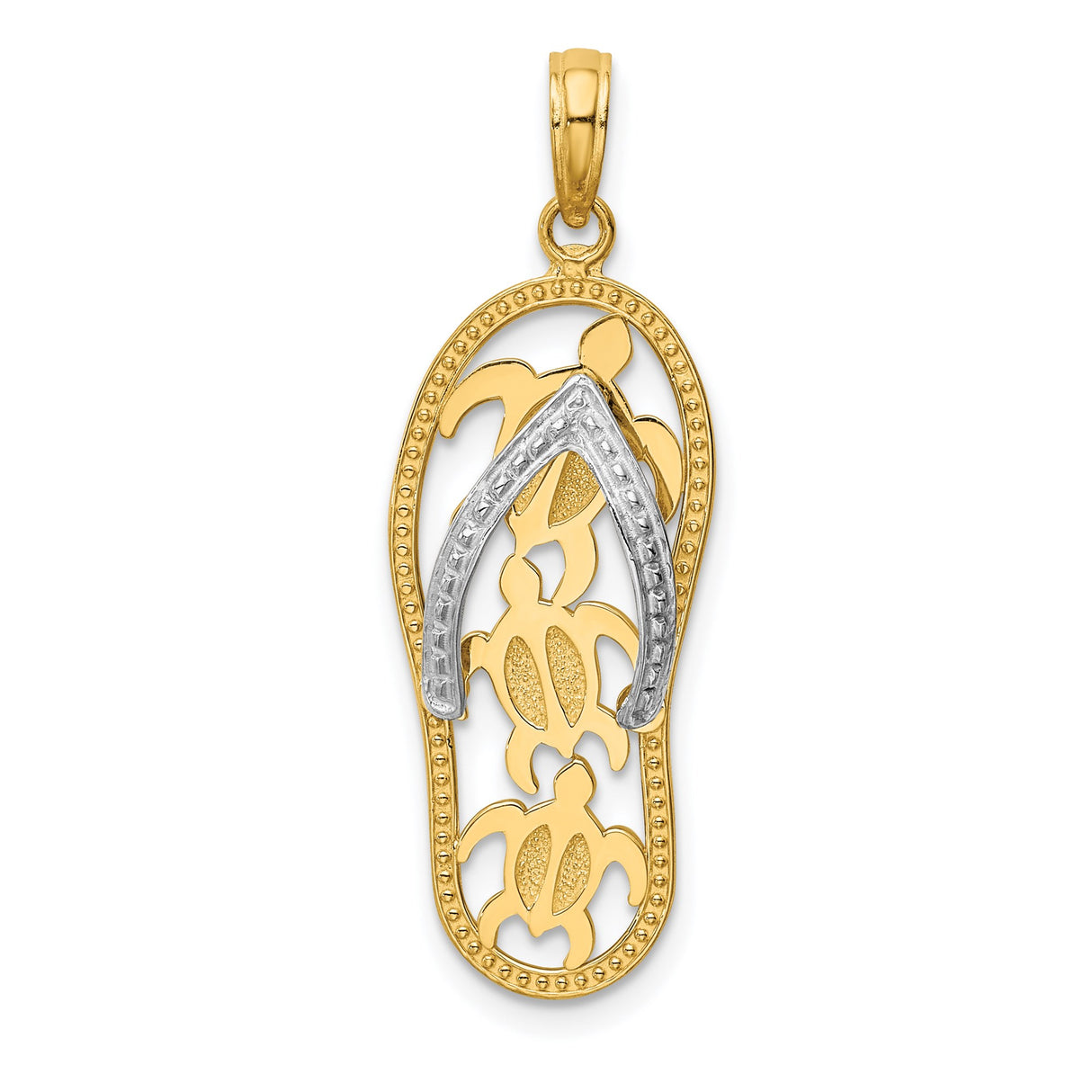 14k Two-Tone Gold Flip-Flop Pendant with Cut-Out Sea Turtles, Coastal Beach Charm