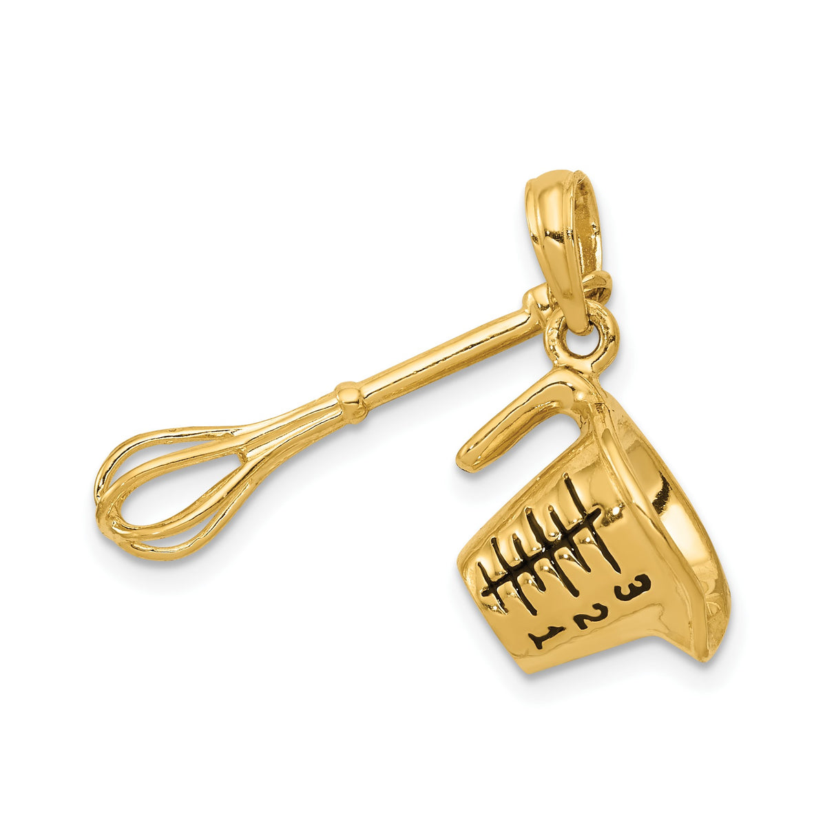 14k Yellow Gold Pendant, Measuring Cup and Whisk Kitchen Tool Charm for Culinary Enthusiasts