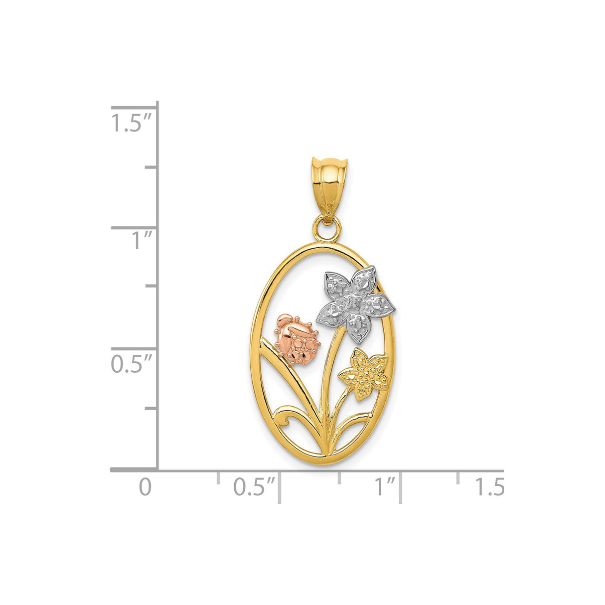 14k Two-Tone Gold Oval Pendant with Rose Gold Ladybug and Floral Garden Theme