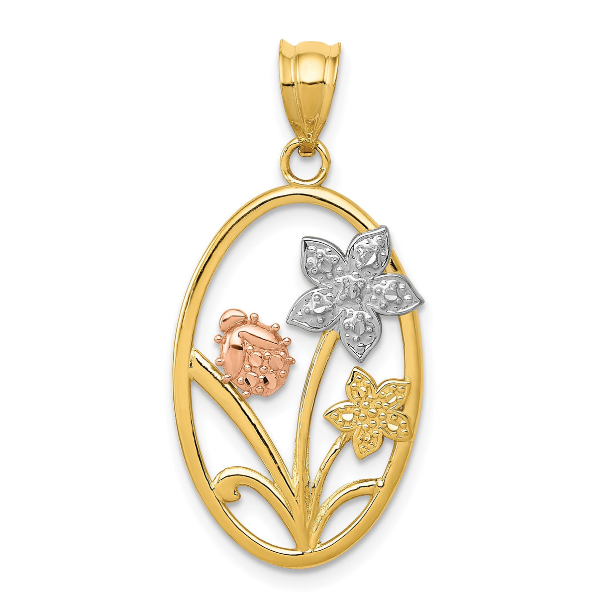 14k Two-Tone Gold Oval Pendant with Rose Gold Ladybug and Floral Garden Theme