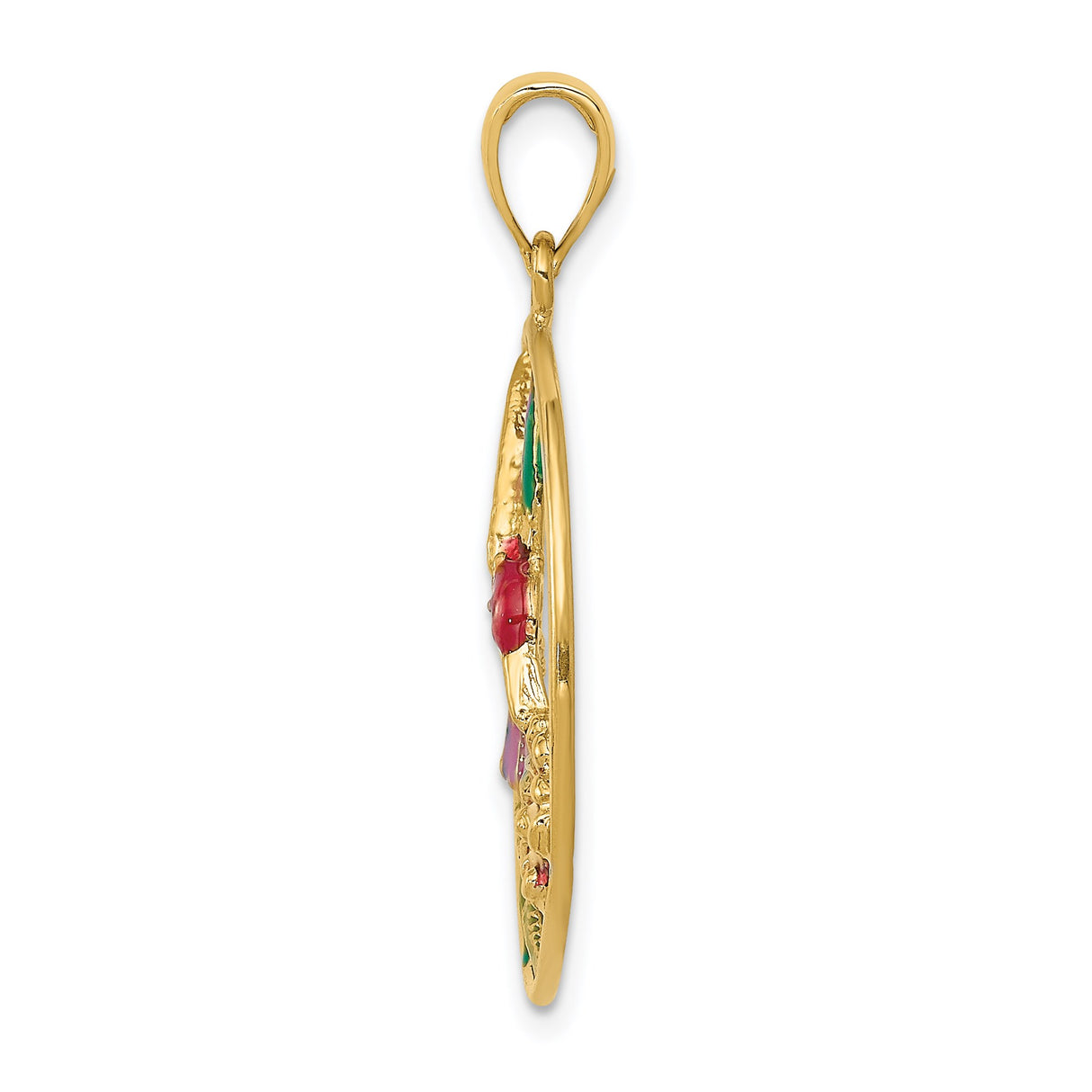 14k Yellow Gold Hummingbird Pendant with Colorful Enamel, Floral Nature-Inspired Design