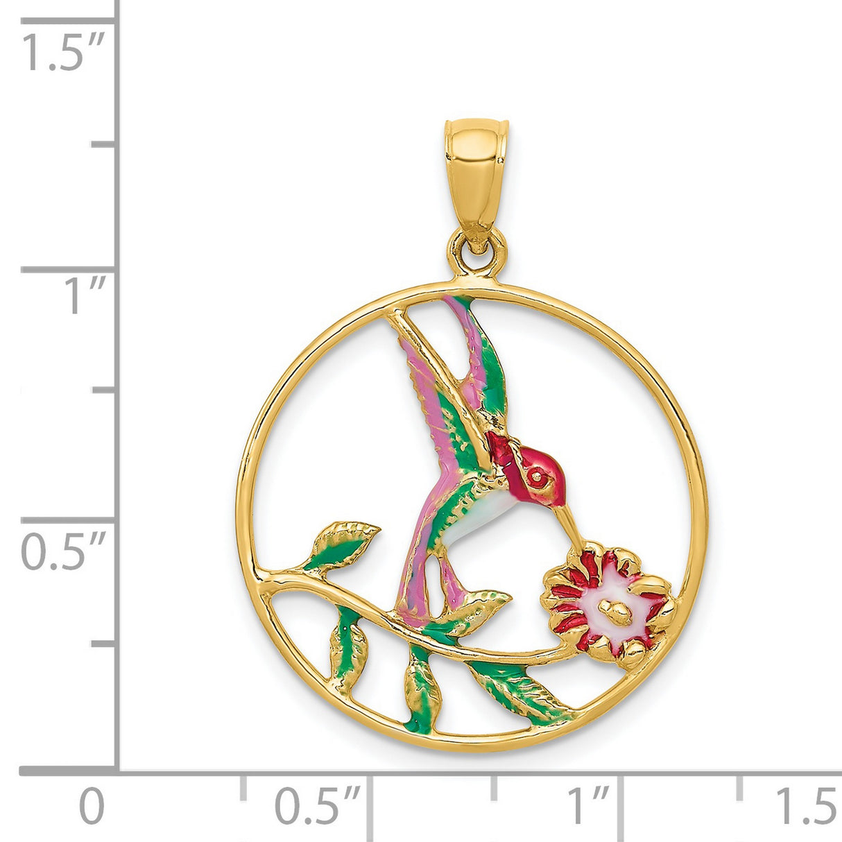 14k Yellow Gold Hummingbird Pendant with Colorful Enamel, Floral Nature-Inspired Design