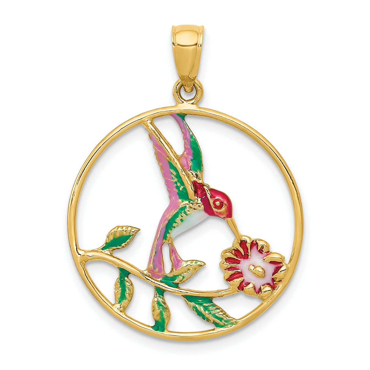 14k Yellow Gold Hummingbird Pendant with Colorful Enamel, Floral Nature-Inspired Design