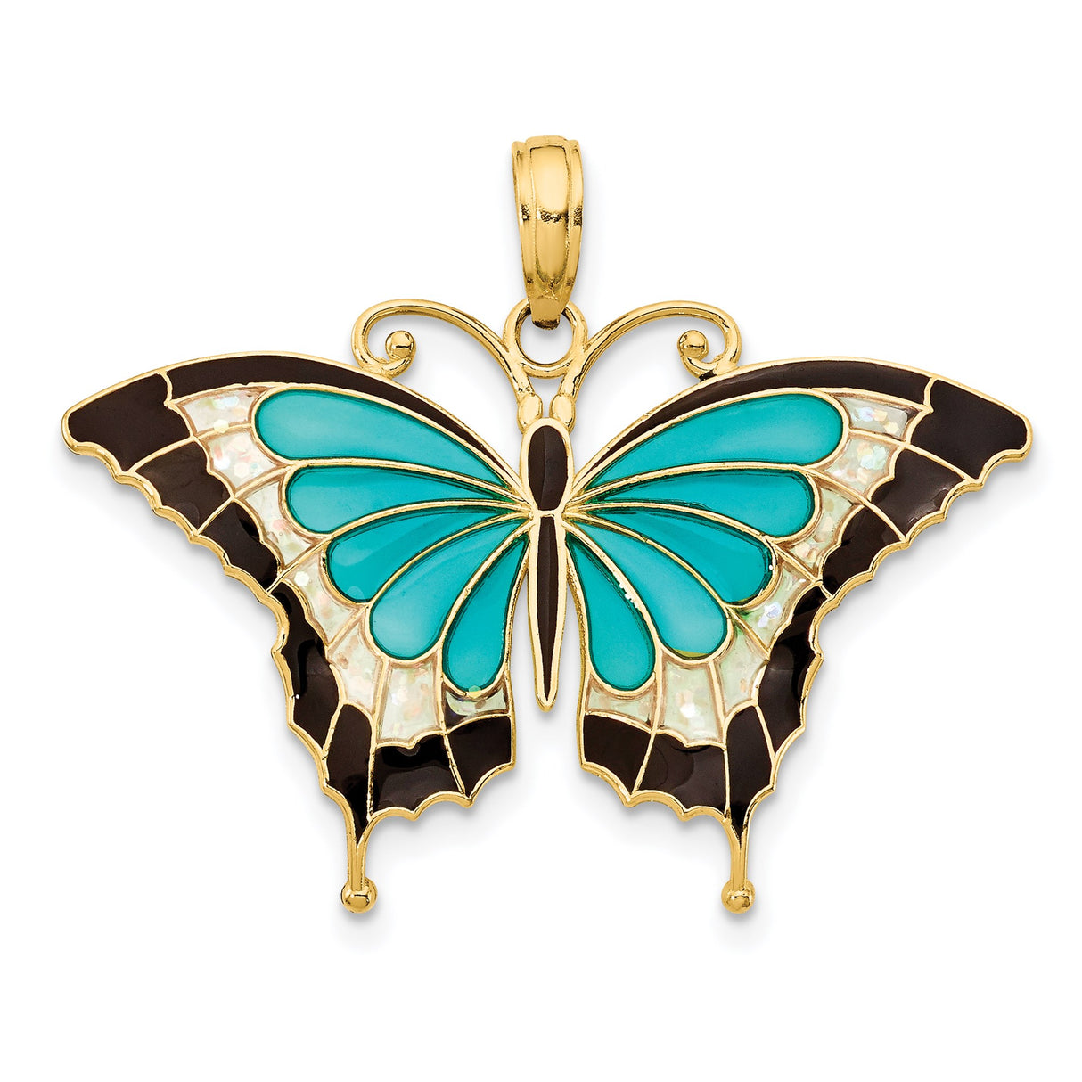 14k Yellow Gold Butterfly Pendant with Turquoise and Black Enamel, Nature Inspired Design