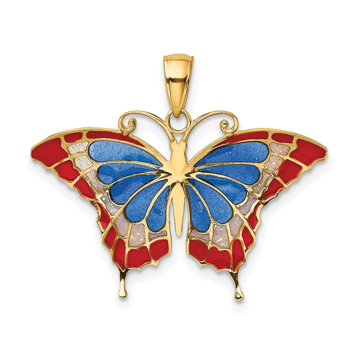 14k Yellow Gold Butterfly Pendant with Blue Pink White Enamel Accents, Nature Inspired Design