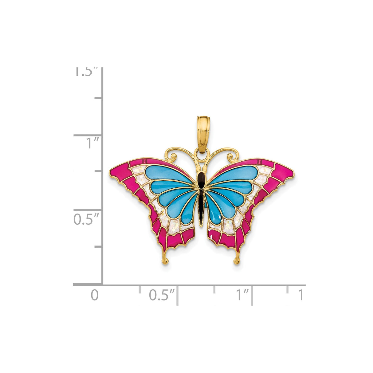 14k Yellow Gold Butterfly Pendant with Blue Pink White Enamel Accents, Nature Inspired Design