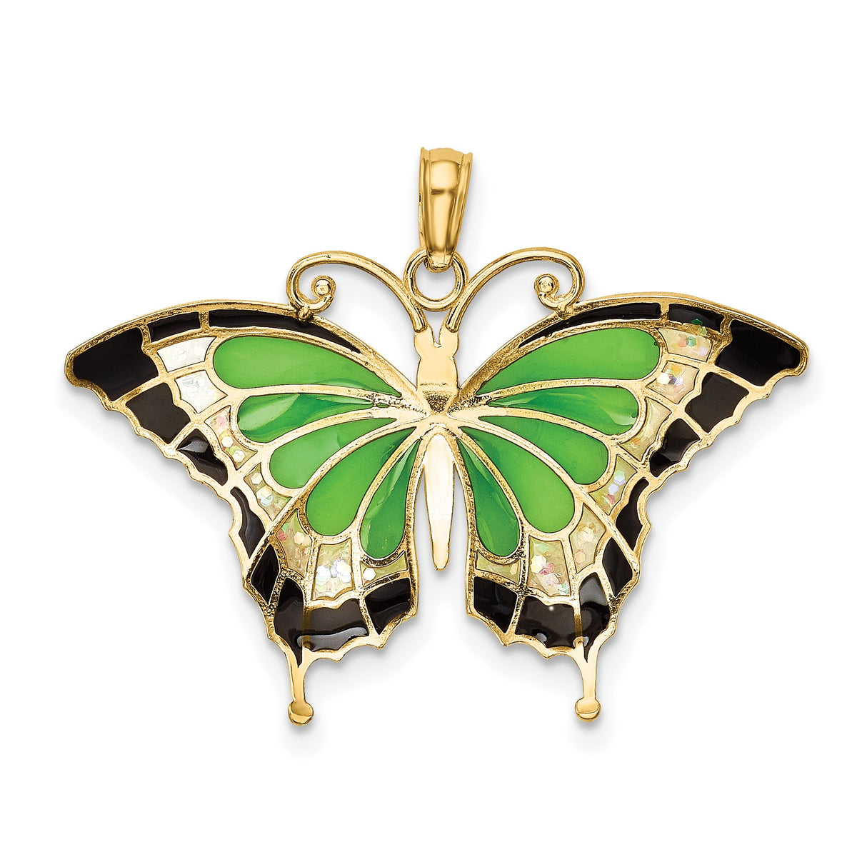 14k Yellow Gold Butterfly Pendant with Green Black Pearlescent Enamel Detailing, Nature Inspired