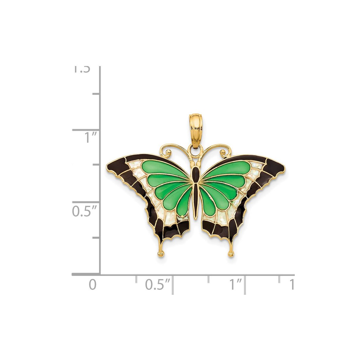 14k Yellow Gold Butterfly Pendant with Green Black Pearlescent Enamel Detailing, Nature Inspired
