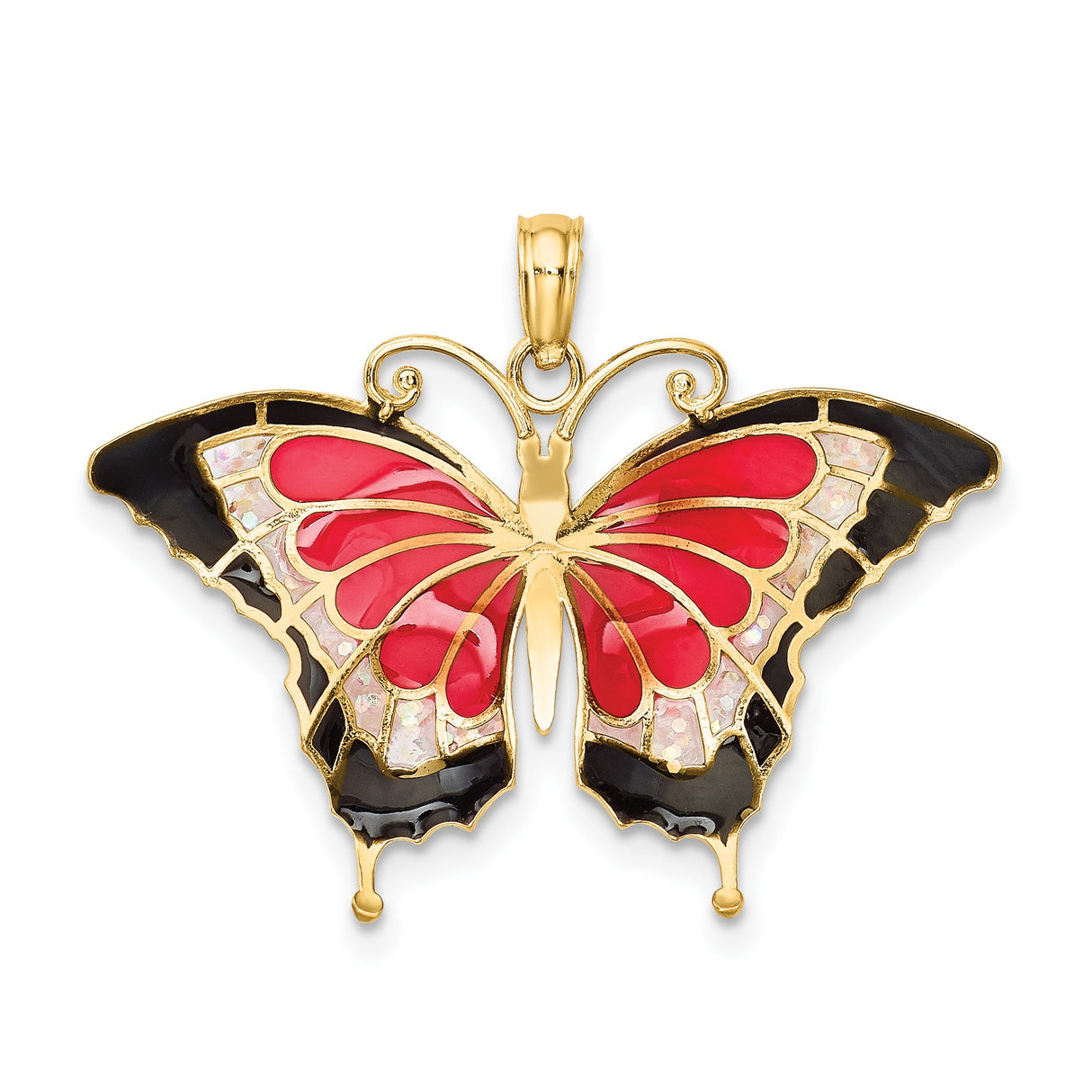 14k Yellow Gold Butterfly Pendant with Pink, Black, and Opalescent Enamel Wings