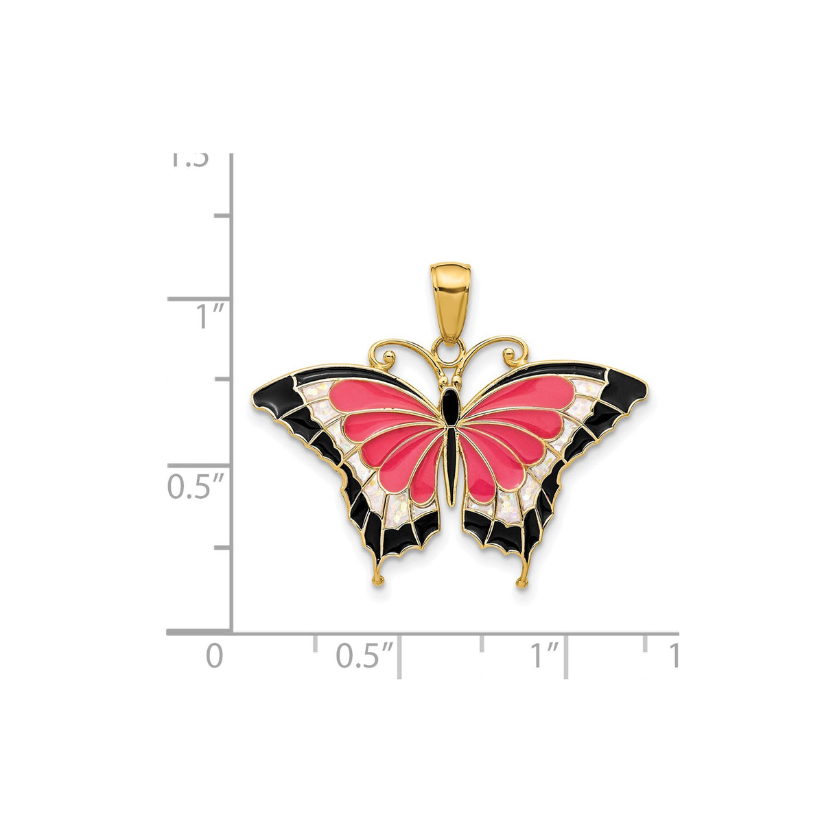 14k Yellow Gold Butterfly Pendant with Pink, Black, and Opalescent Enamel Wings