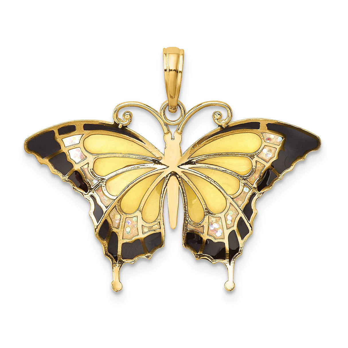 14k Yellow Gold Butterfly Pendant with Black, White, and Yellow Enamel Wings