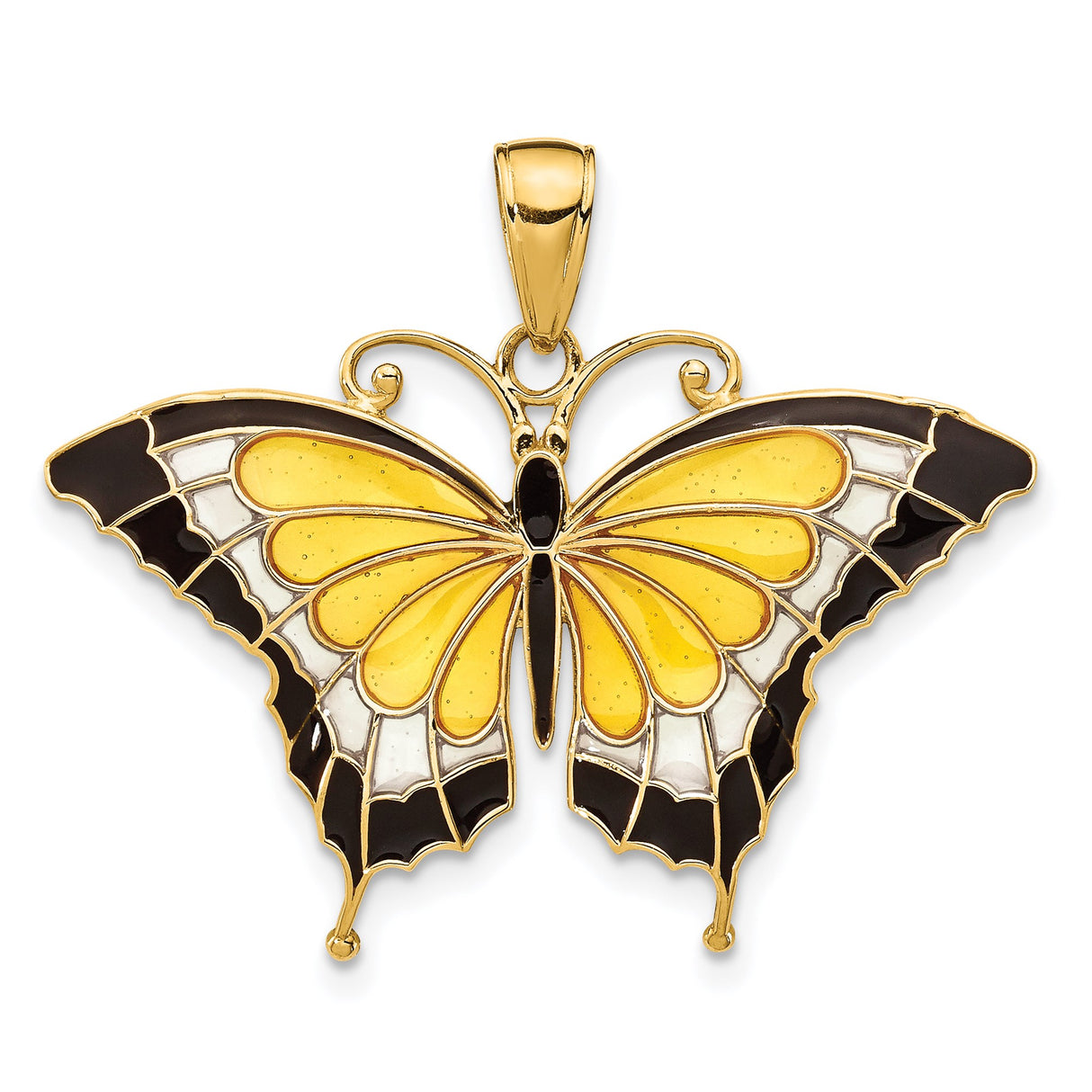 14k Yellow Gold Butterfly Pendant with Black, White, and Yellow Enamel Wings