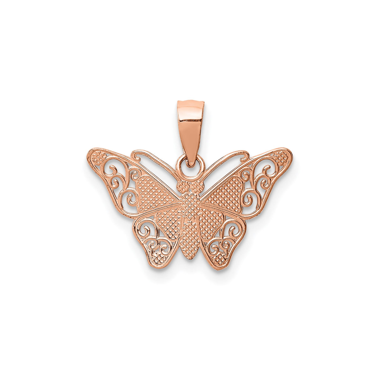 14k Rose Gold Butterfly Pendant with Filigree Wings and Diamond-Cut Accents