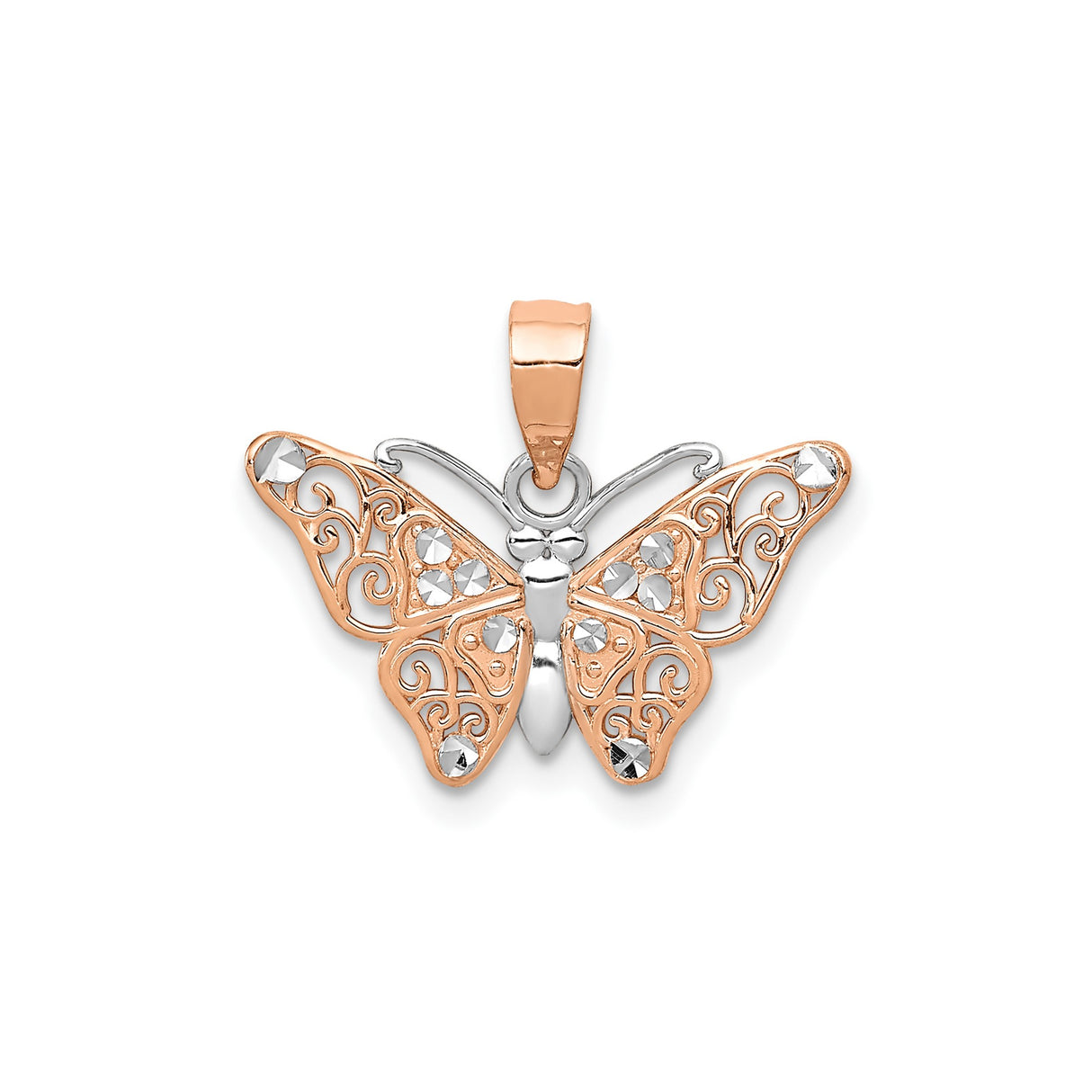 14k Rose Gold Butterfly Pendant with Filigree Wings and Diamond-Cut Accents