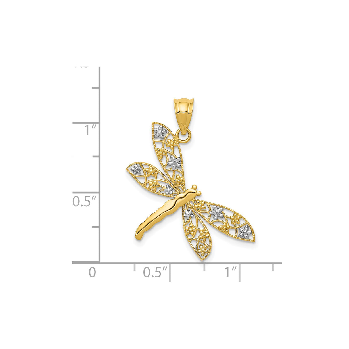 14k Multi-Tone Gold Dragonfly Pendant with Rhodium Floral Filigree Detailing