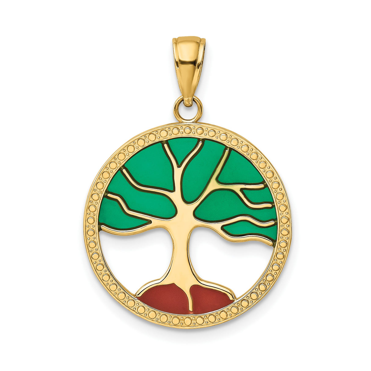 14k Yellow Gold Tree of Life Pendant with Green and Red Enamel, Zen Yoga Inspired Charm for Women