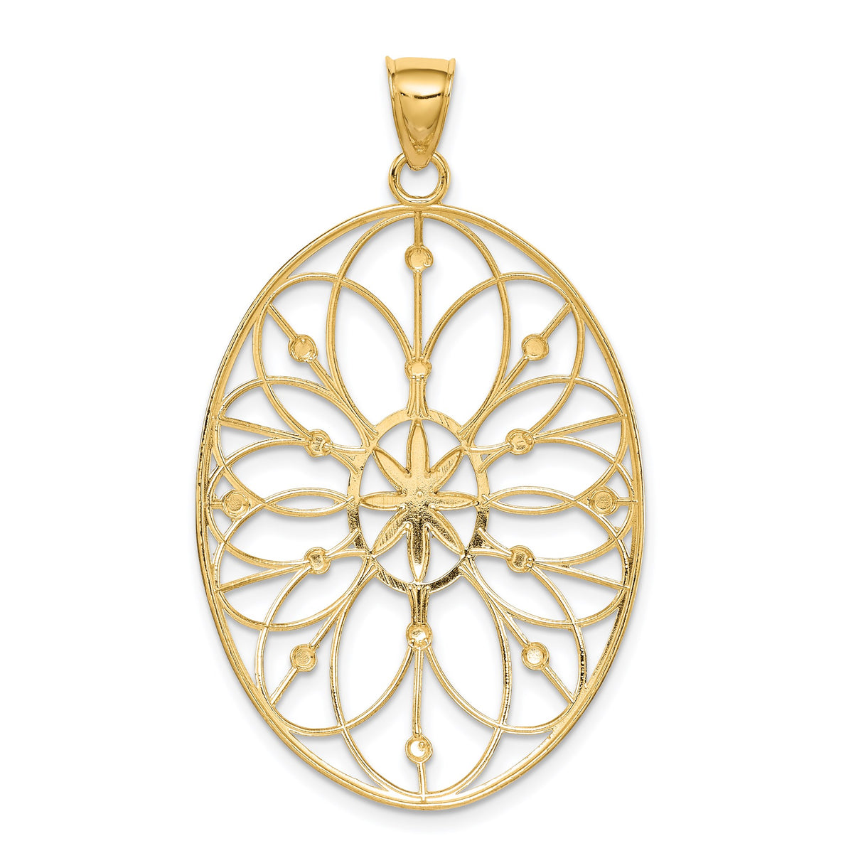 14k Multi-Tone Gold Oval Pendant with Filigree Floral Design and Starburst Center