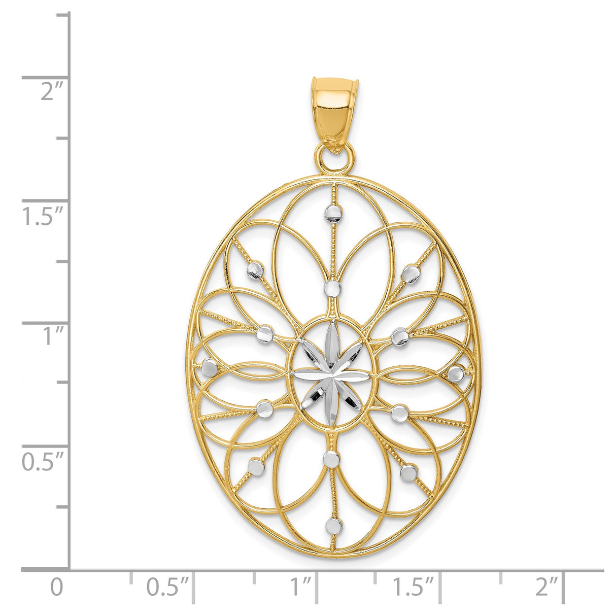 14k Multi-Tone Gold Oval Pendant with Filigree Floral Design and Starburst Center