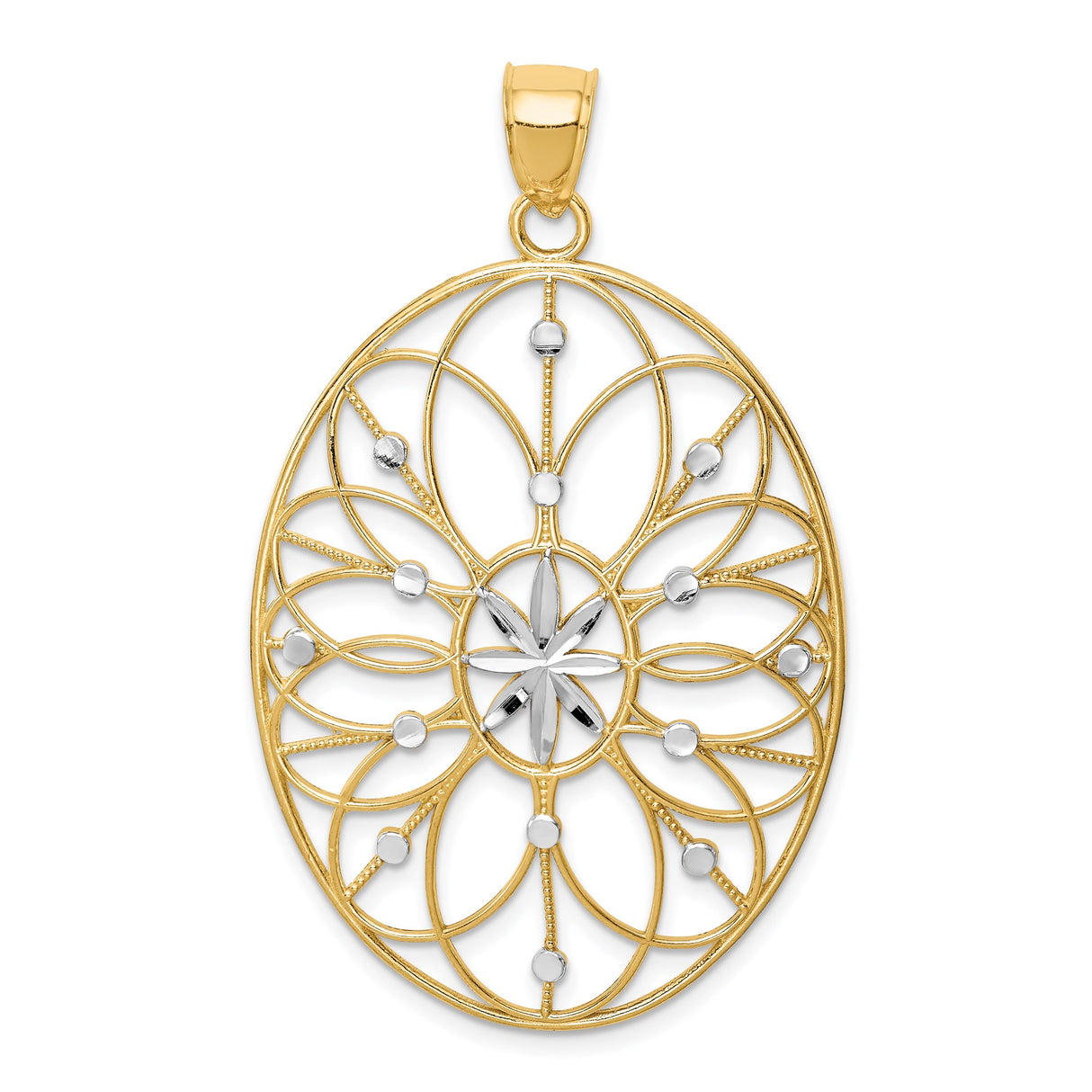 14k Multi-Tone Gold Oval Pendant with Filigree Floral Design and Starburst Center