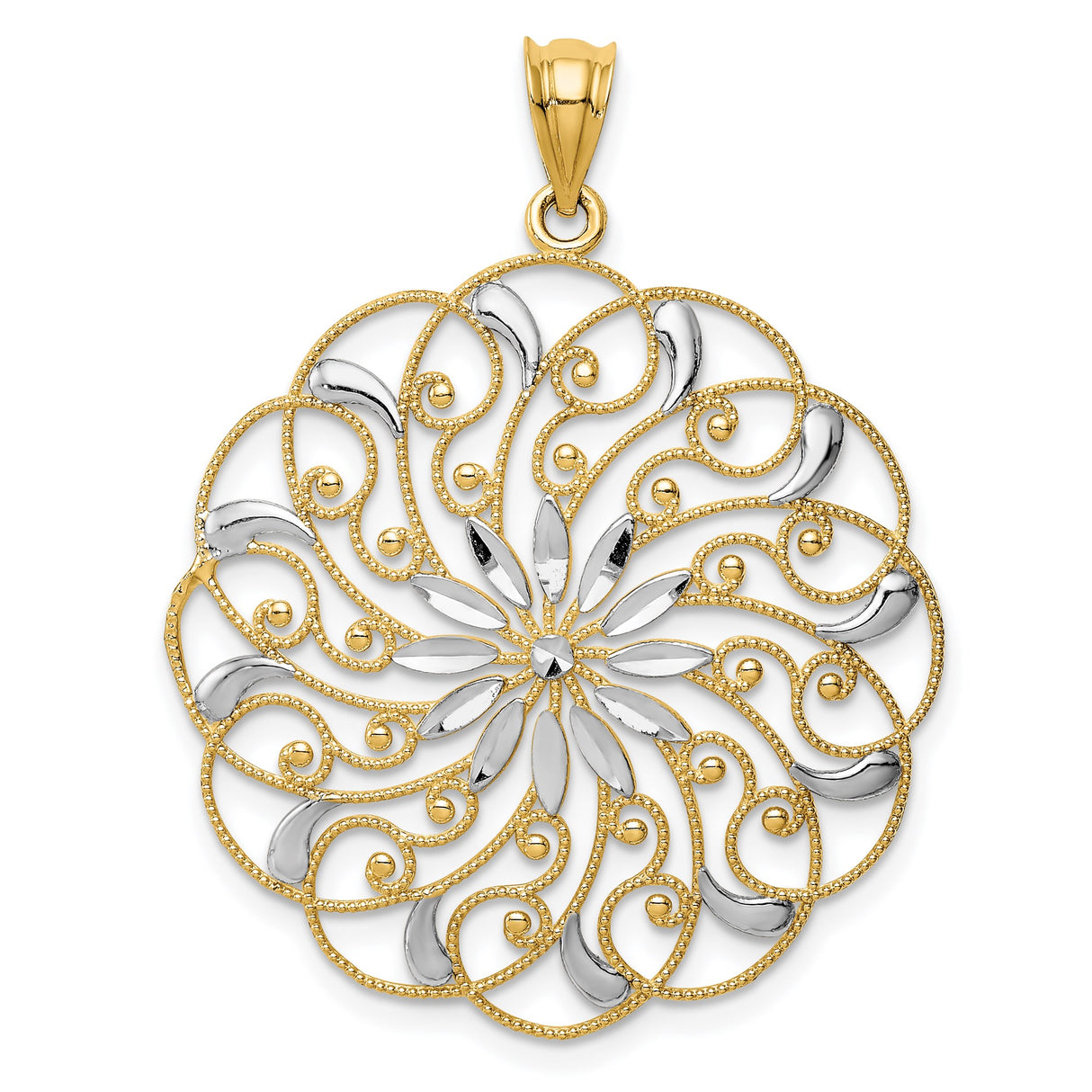 14k Multi-Tone Gold Filigree Pendant, Floral Mandala Design, Bohemian Style Jewelry for Women