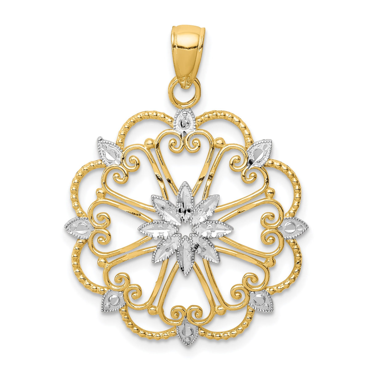 14k Multi-Tone Gold Medallion Pendant with Filigree Floral Starburst and Milgrain Detailing