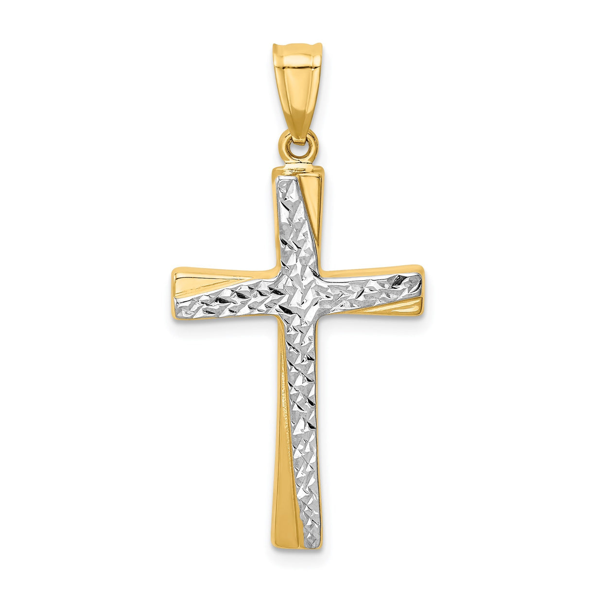 14k Multi-Tone Gold Cross Pendant with Textured Silver Inlay and Rhodium Accents
