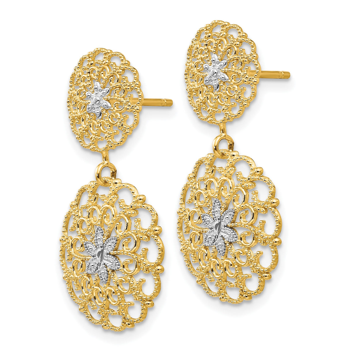 14k Yellow Gold Drop Earrings, Two-Tone Filigree Dangles with Floral Starburst Design