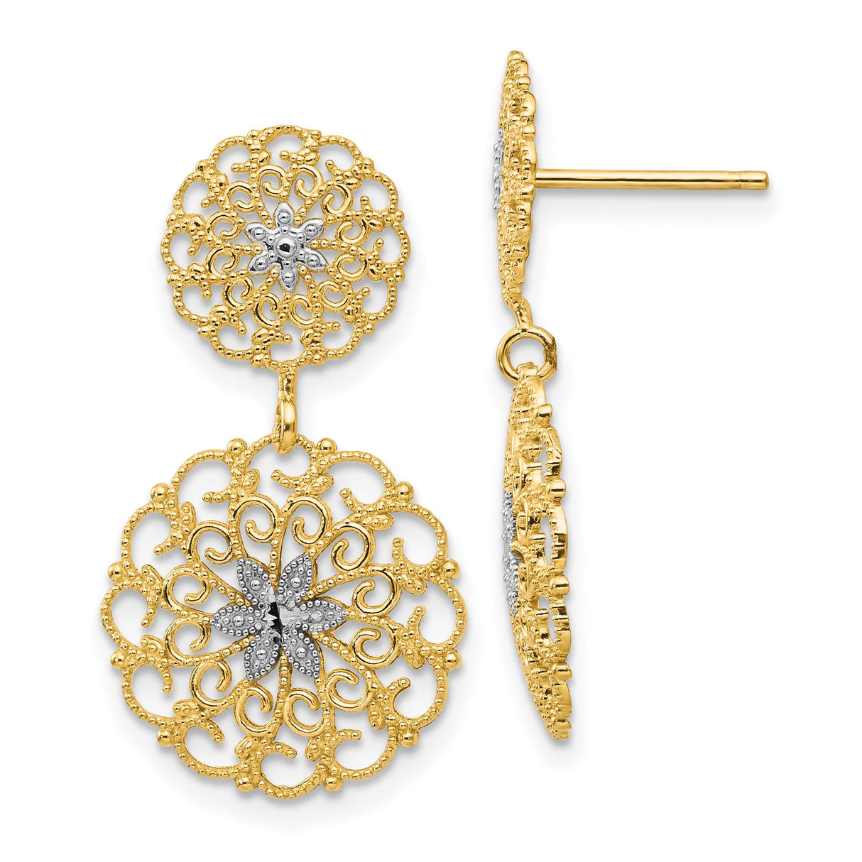14k Yellow Gold Drop Earrings, Two-Tone Filigree Dangles with Floral Starburst Design