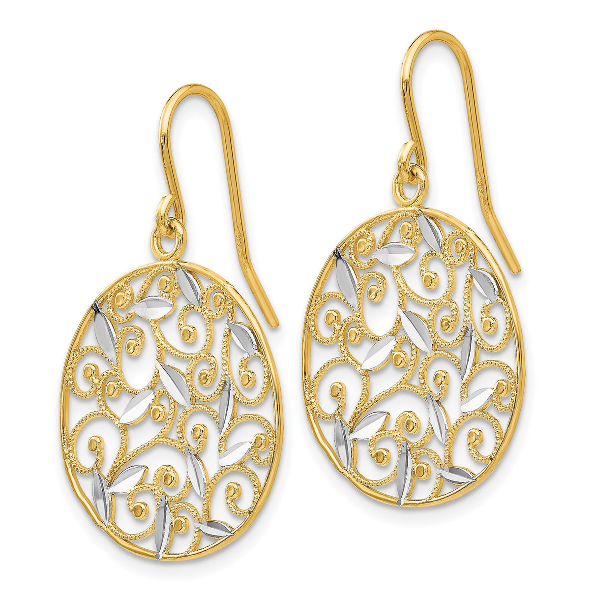 14k Yellow Gold Dangle Earrings with Rhodium Openwork Filigree Floral Vine and Swirl Motifs