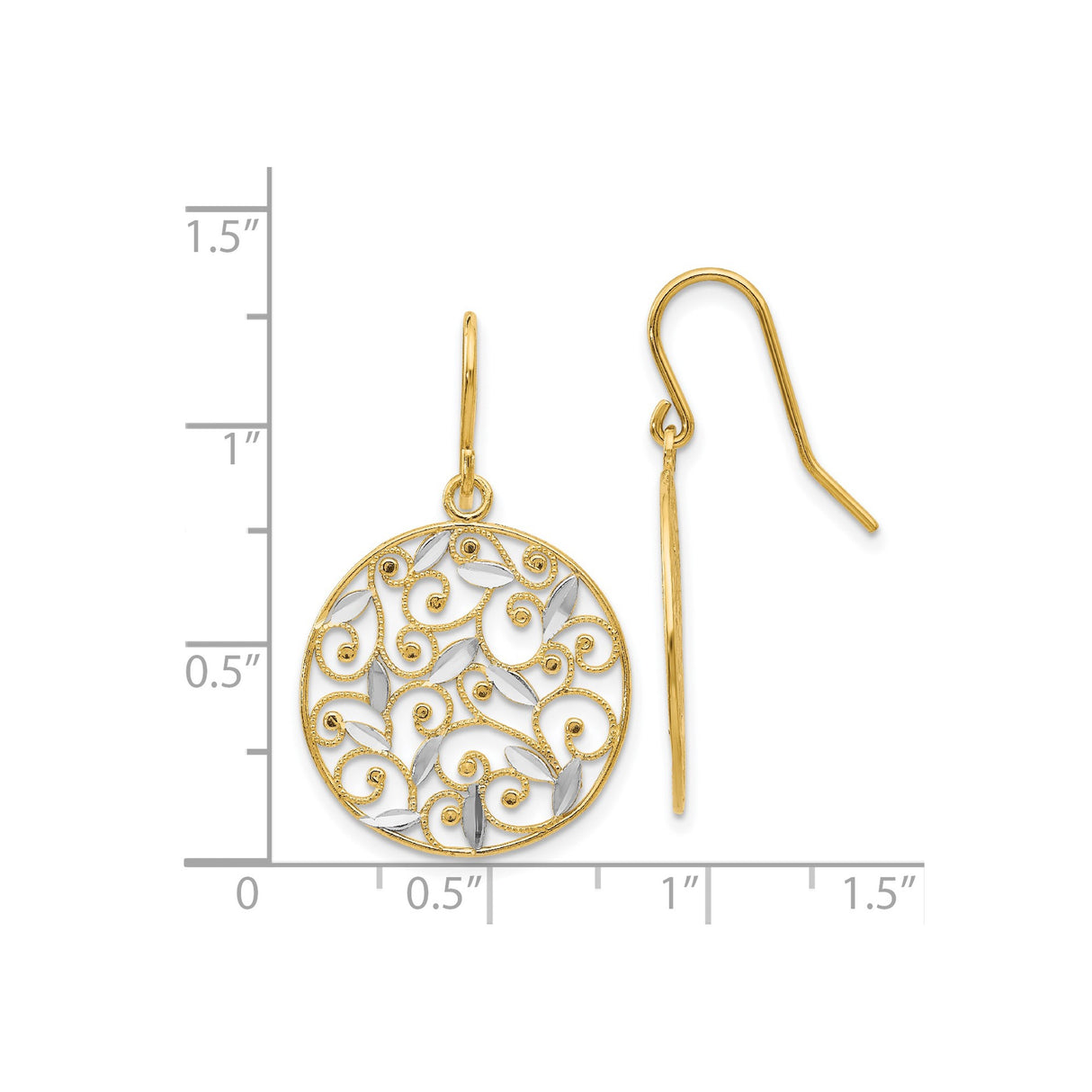 14k Yellow Gold Dangle Earrings with Rhodium Openwork Filigree Floral Vine and Swirl Motifs