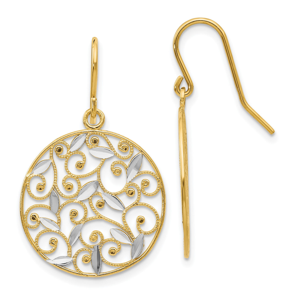 14k Yellow Gold Dangle Earrings with Rhodium Openwork Filigree Floral Vine and Swirl Motifs