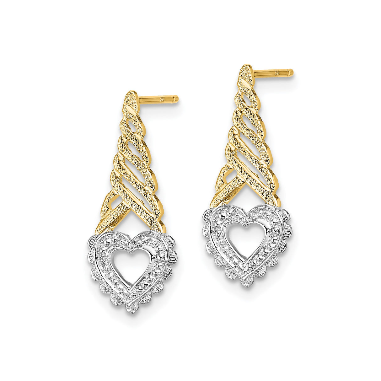 14k Yellow Gold Drop Earrings with Twisted Open Heart Design, Two-Tone Dangle Style