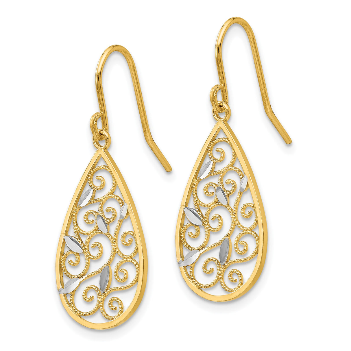 14k Yellow Gold Teardrop Dangle Earrings with Open Filigree Scroll and Leaf Accents