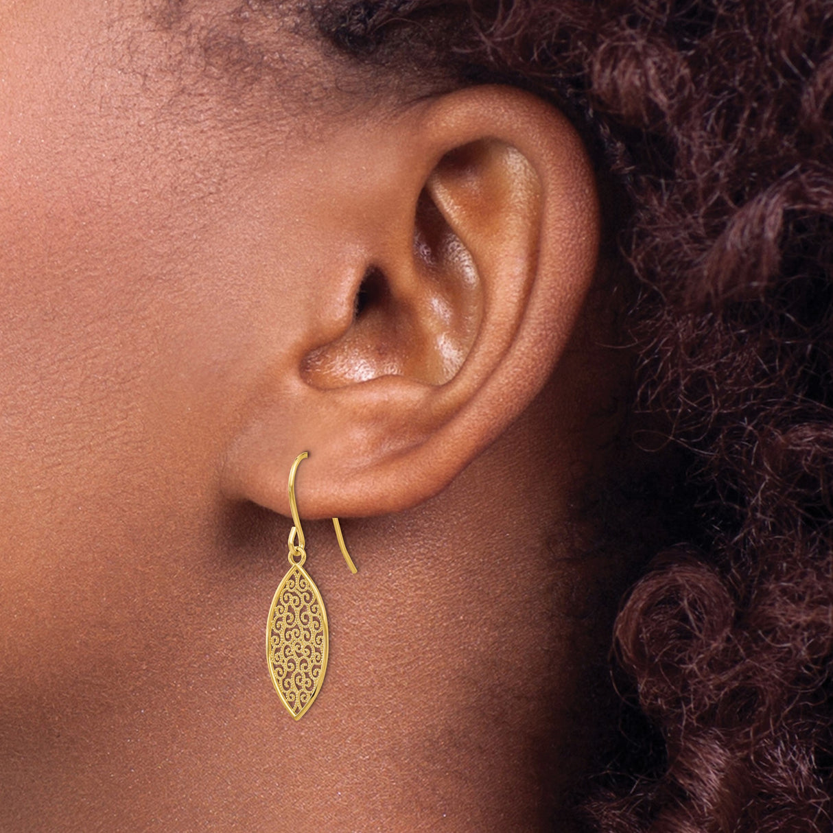 14k Yellow Gold Dangle Earrings with Marquise Filigree Scrollwork Design, Vintage Style for Women