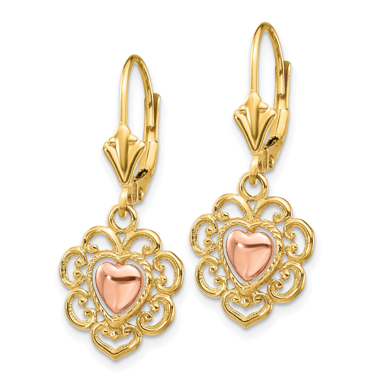 14k Two-Tone Gold Dangle Earrings with Rose Gold Heart and Scrollwork Design
