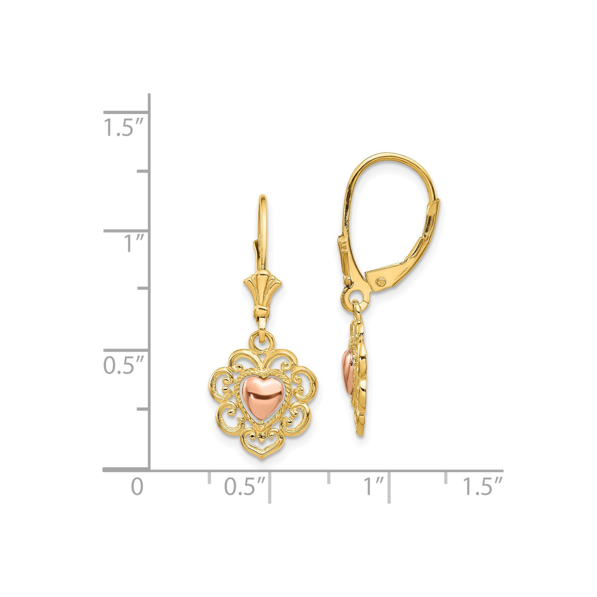 14k Two-Tone Gold Dangle Earrings with Rose Gold Heart and Scrollwork Design