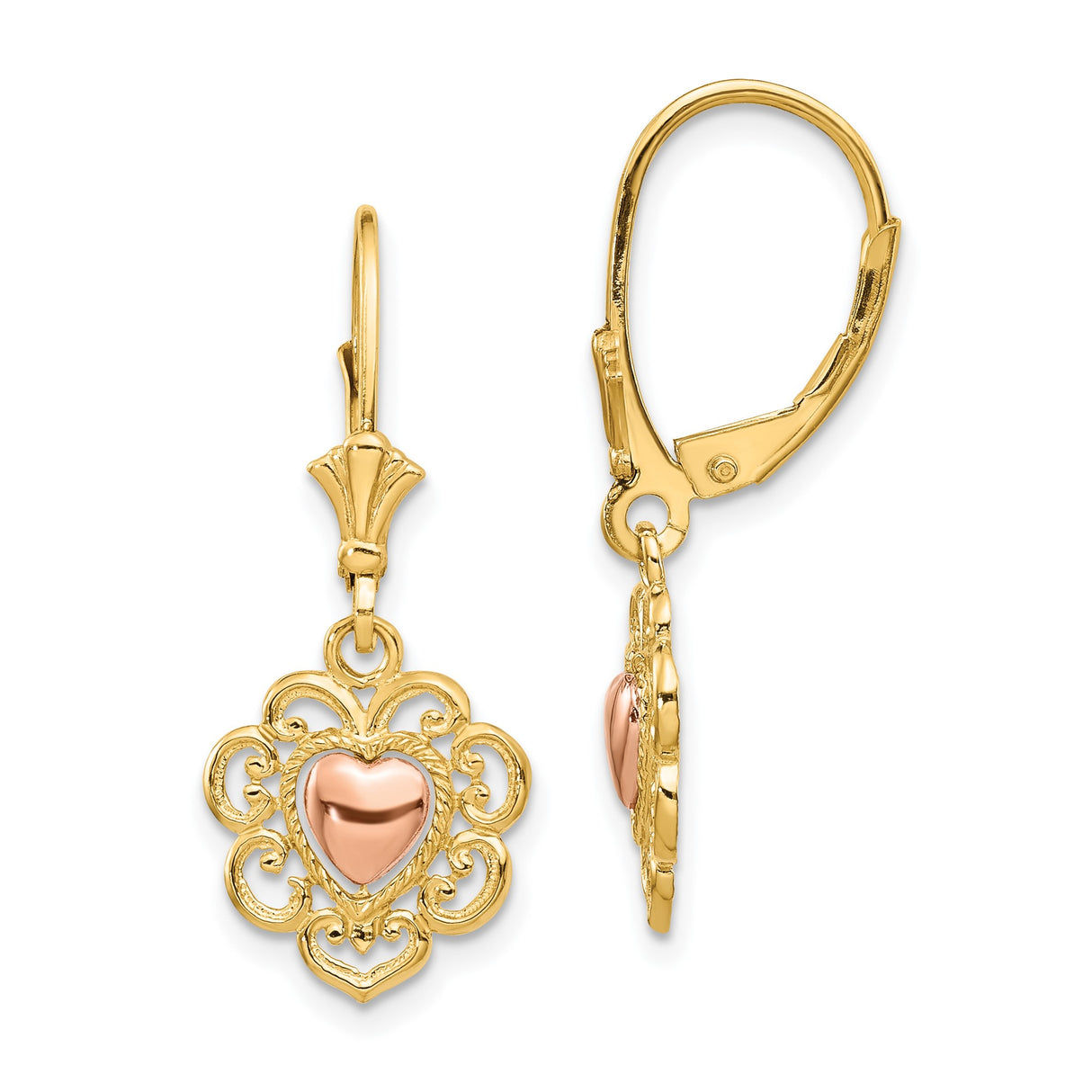 14k Two-Tone Gold Dangle Earrings with Rose Gold Heart and Scrollwork Design