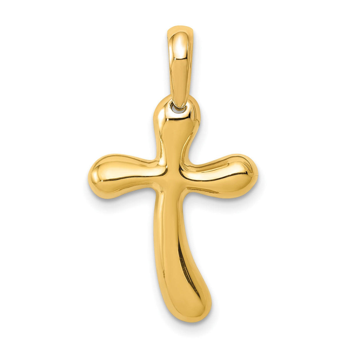 14k Yellow Gold Curved Cross Pendant, Polished Religious Charm, Minimalist Faith Jewelry for Men and Women