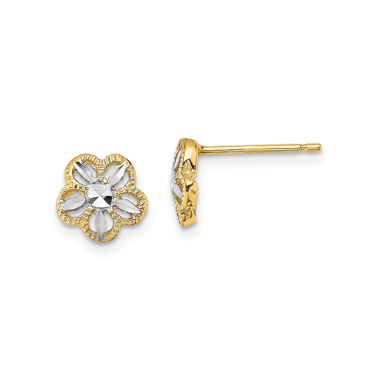 14k Yellow Gold Stud Earrings with Rhodium Accents, Textured Flower Design, Polished Matte Finish