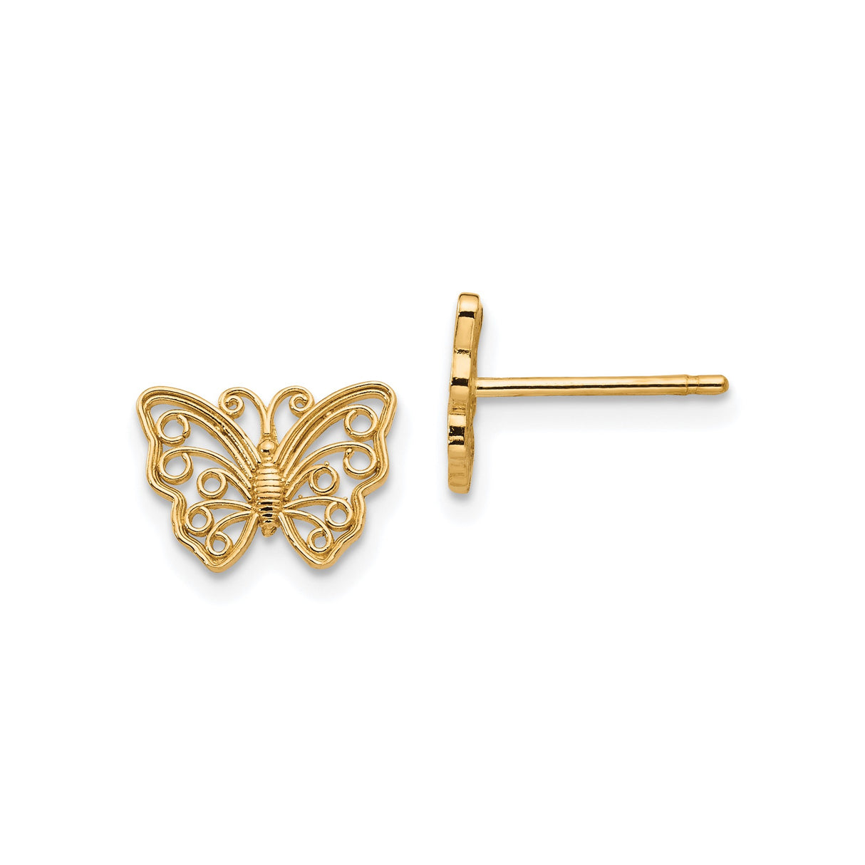 14k Yellow Gold Butterfly Stud Earrings, Filigree Openwork Design, Nature-Inspired