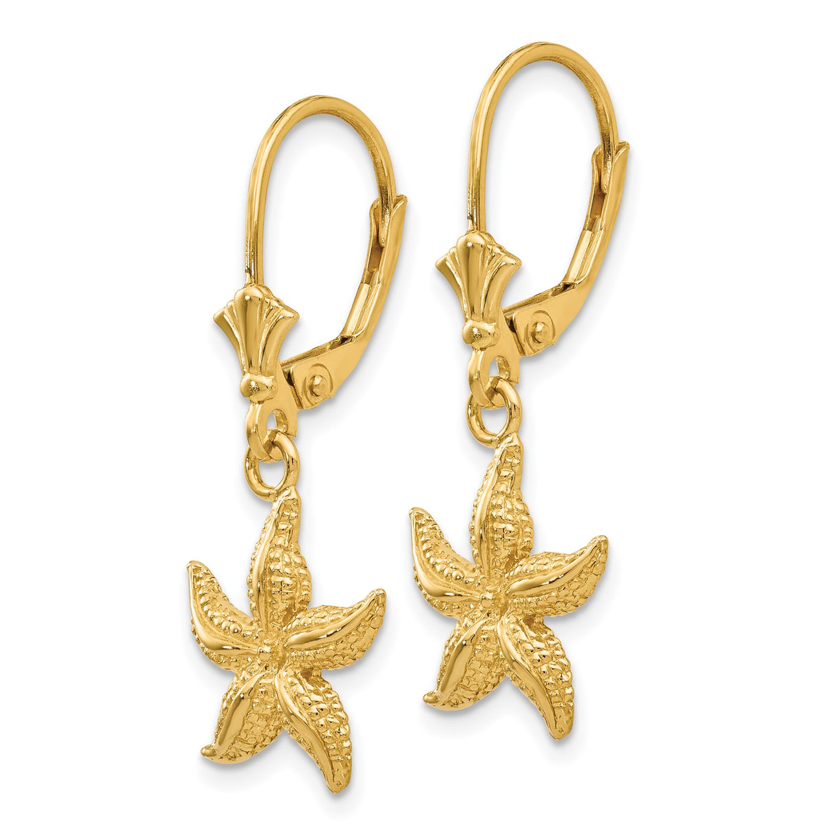 14k Yellow Gold Starfish Dangle Earrings, Textured Marine Life Design, Coastal Summer Style