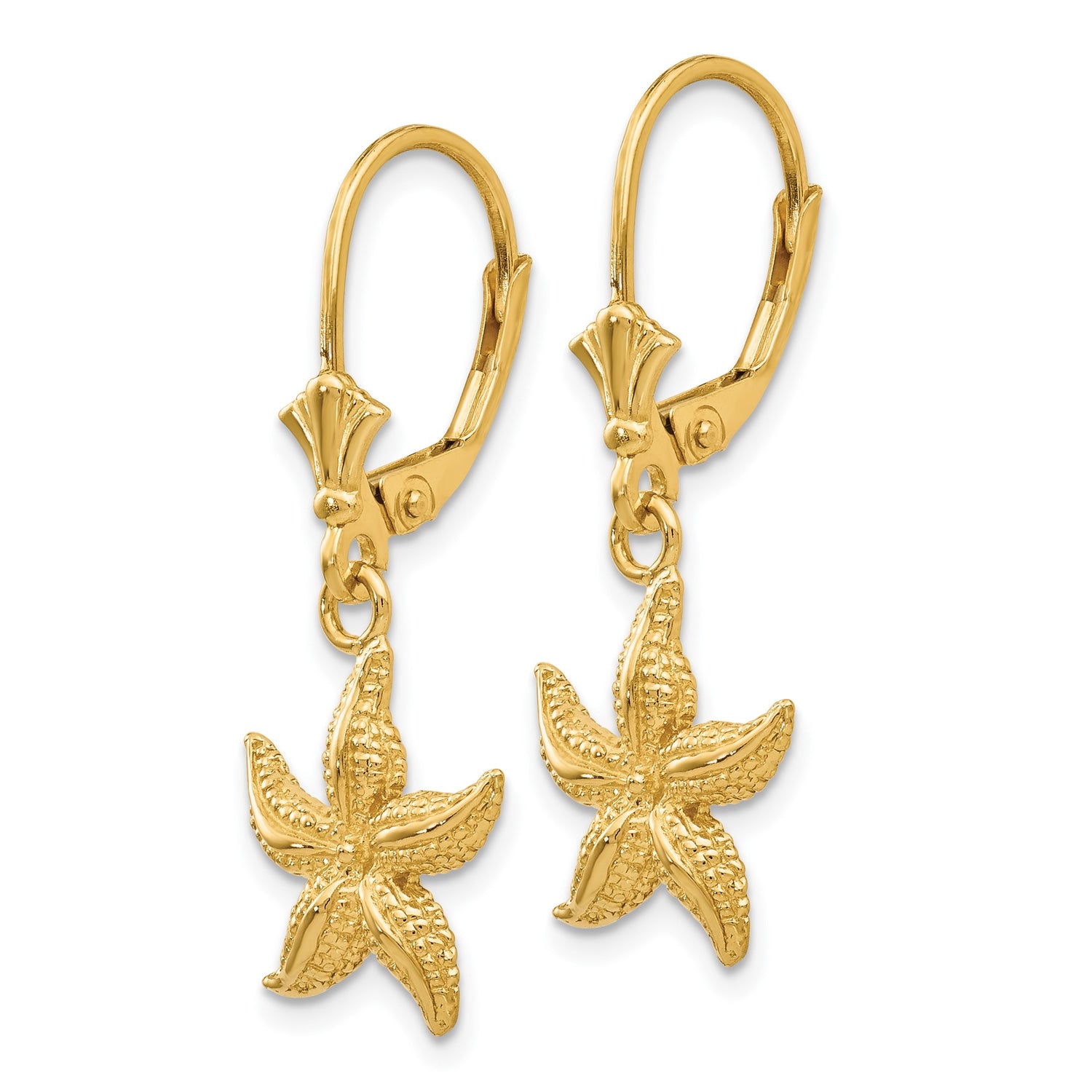 14k Yellow Gold Starfish Dangle Earrings, Textured Marine Life Design, Coastal Summer Style